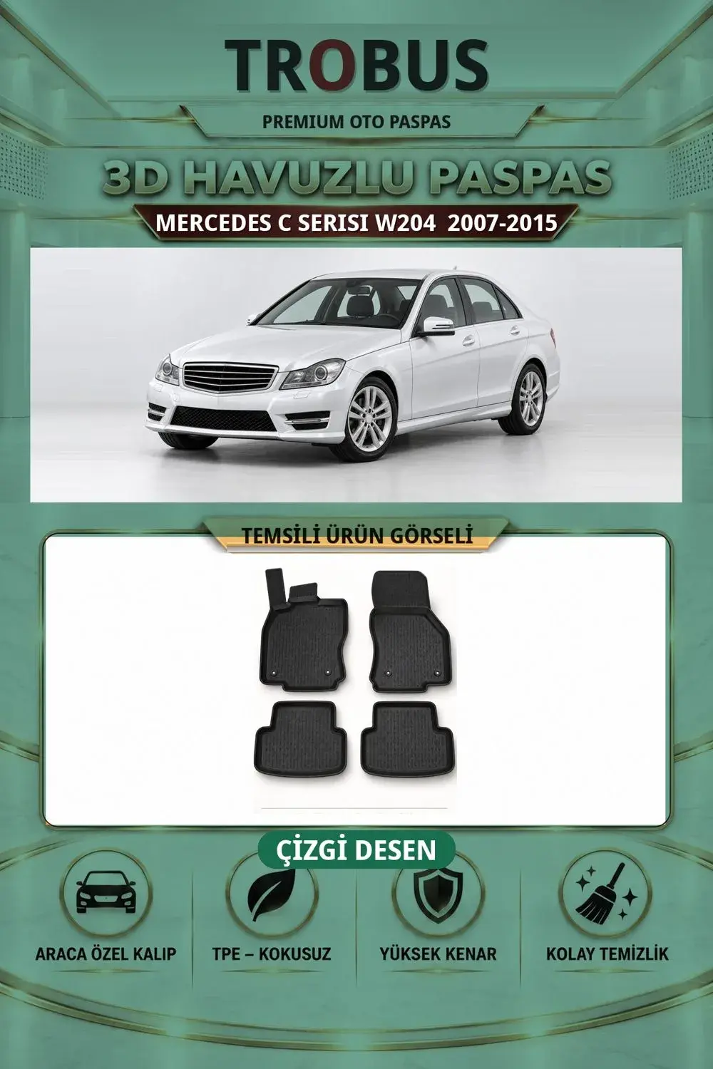 Mercedes-Benz C Serisi W204 2007-2015 Çizgi Desen 3D Havuzlu Paspas Takımı