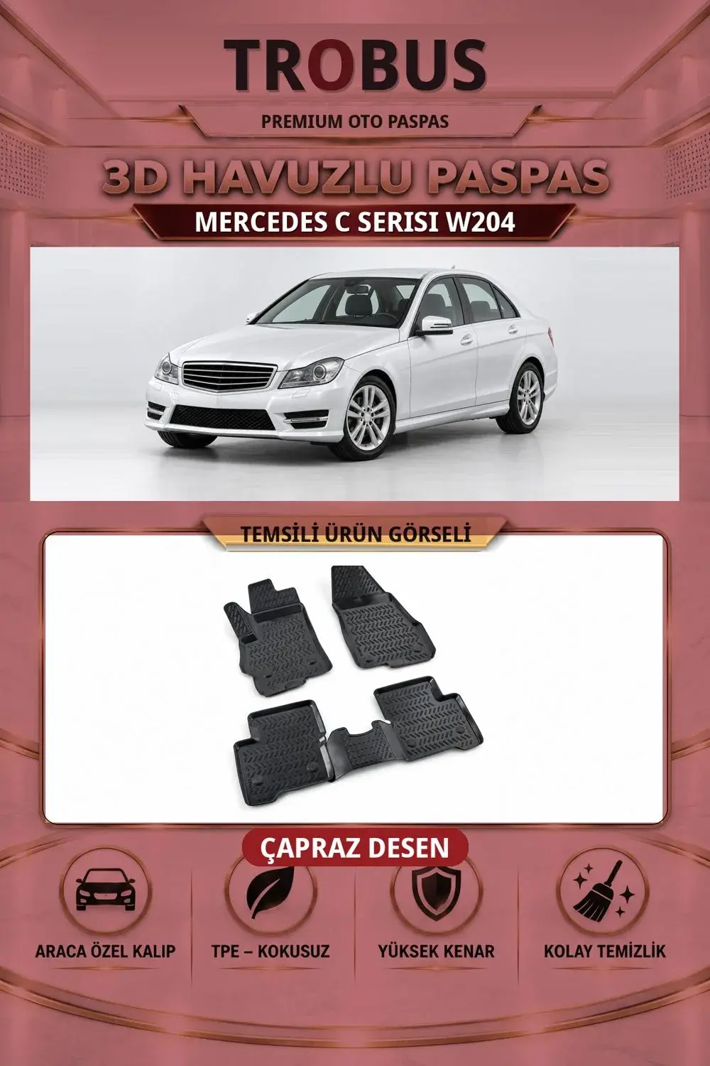 Mercedes-Benz C Serisi W204 Çapraz Desen 3D Havuzlu Oto Paspas Seti