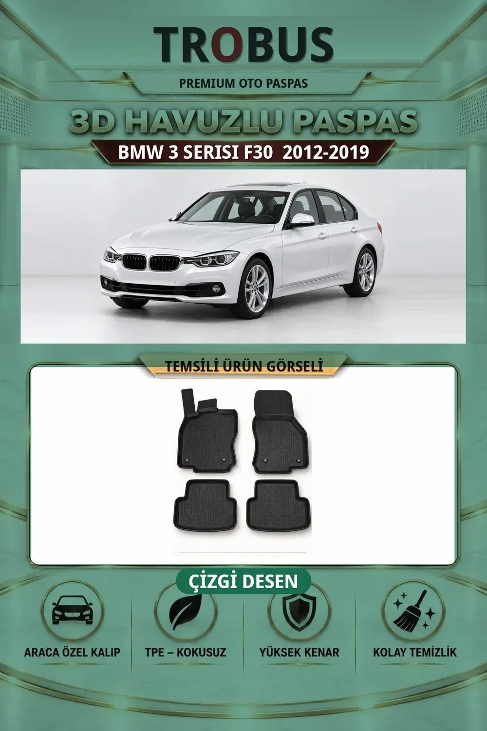 BMW 3 Serisi F30 2012-2019 Çizgi Desen 3D Havuzlu Paspas Takımı