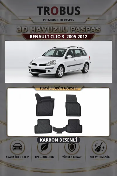 Renault Clio 3 2005-2012 Karbon Desenli Premium 3D Havuzlu Oto Paspas