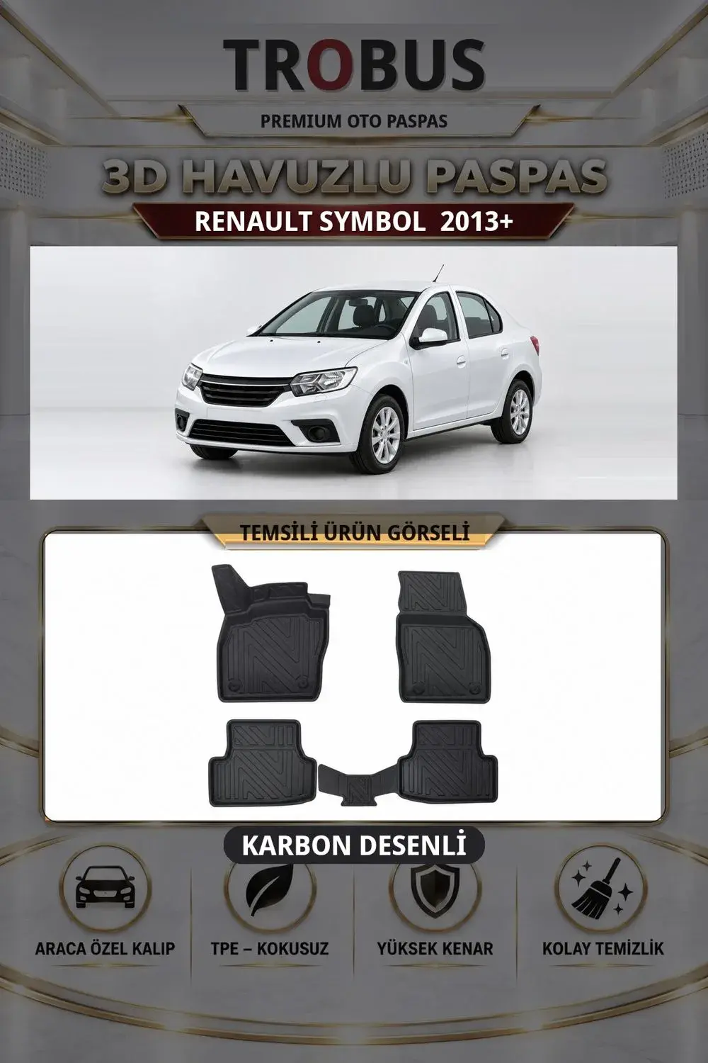 Renault Symbol 2013+ Karbon Desenli Premium 3D Havuzlu Oto Paspas
