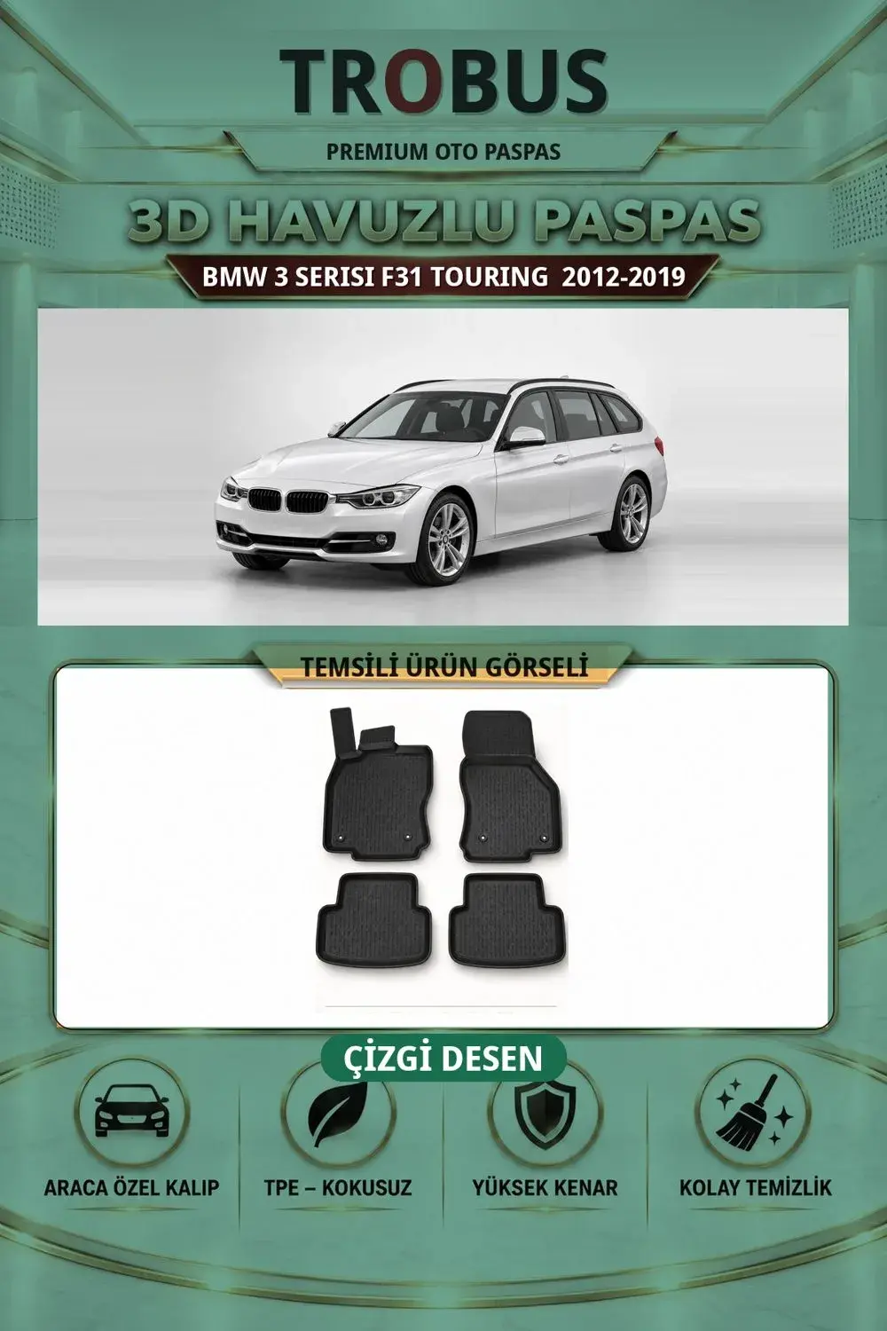 BMW 3 Serisi F31 Touring 2012-2019 Çizgi Desen 3D Havuzlu Paspas Takımı