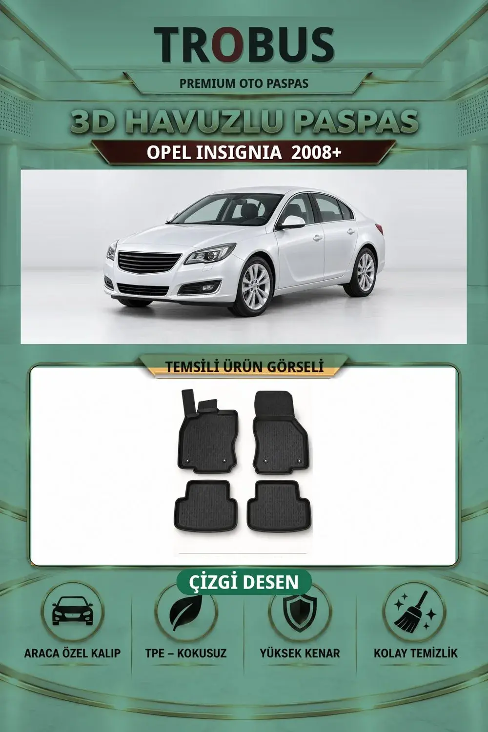 Opel Insignia 2008+ Çizgi Desen 3D Havuzlu Paspas Takımı