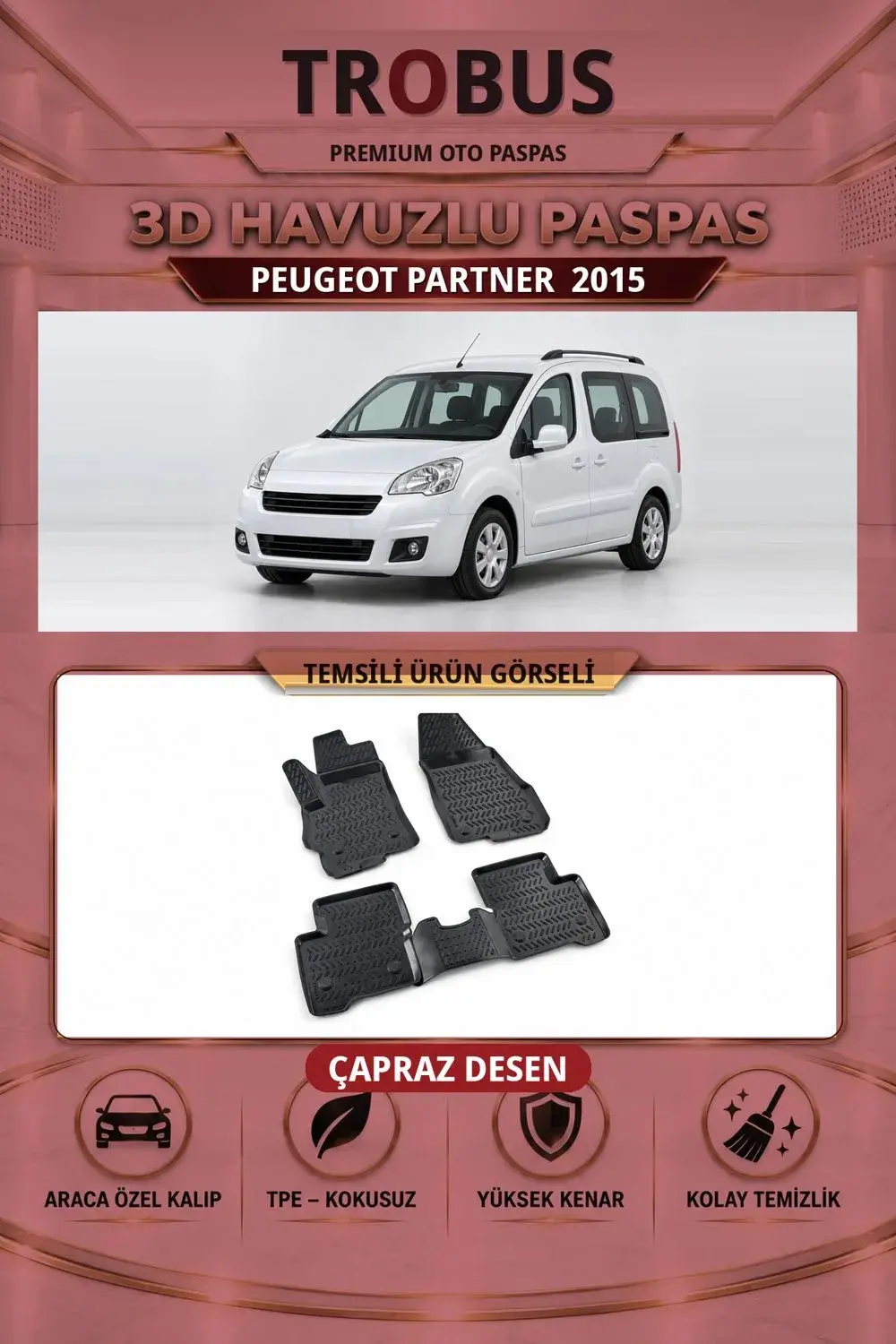 Peugeot Partner 2015 Çapraz Desen 3D Havuzlu Oto Paspas Seti