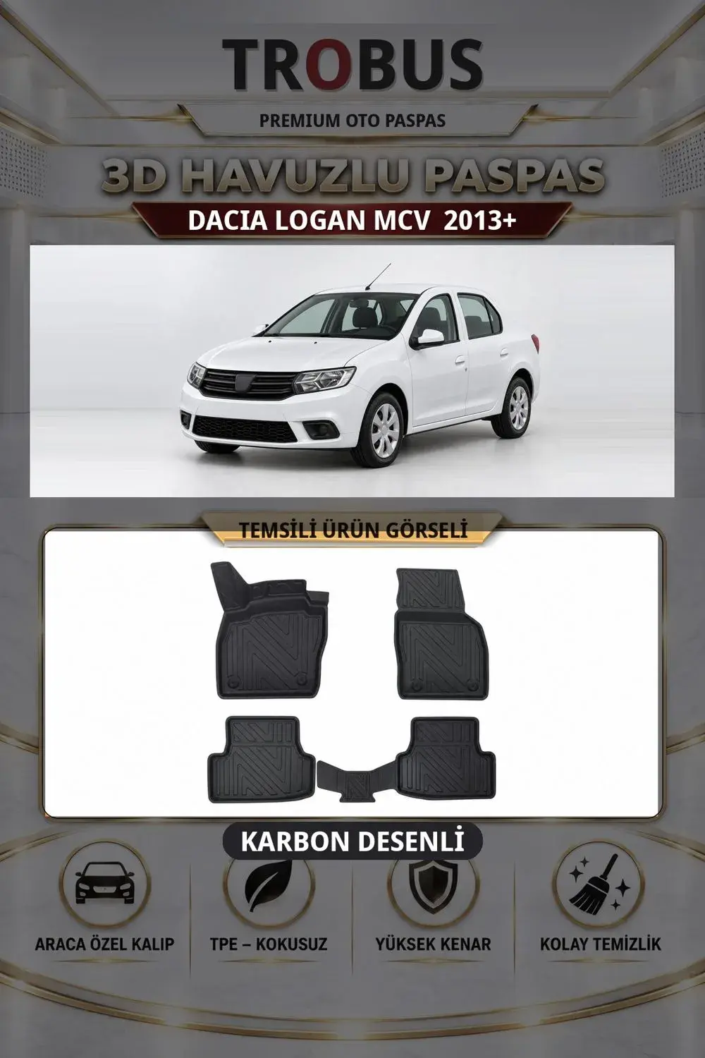 Dacia Logan MCV 2013+ Karbon Desenli Premium 3D Havuzlu Oto Paspas