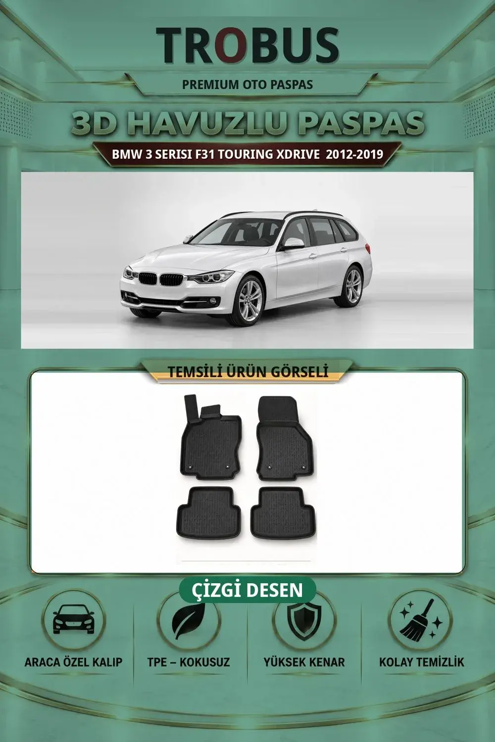 BMW 3 Serisi F31 Touring xDrive 2012-2019 Çizgi Desen 3D Havuzlu Paspas Takımı
