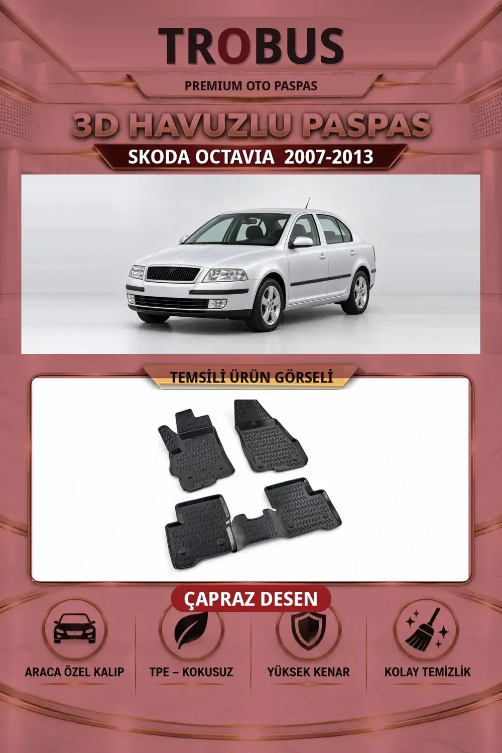 Skoda Octavia 2007-2013 Çapraz Desen 3D Havuzlu Oto Paspas Seti