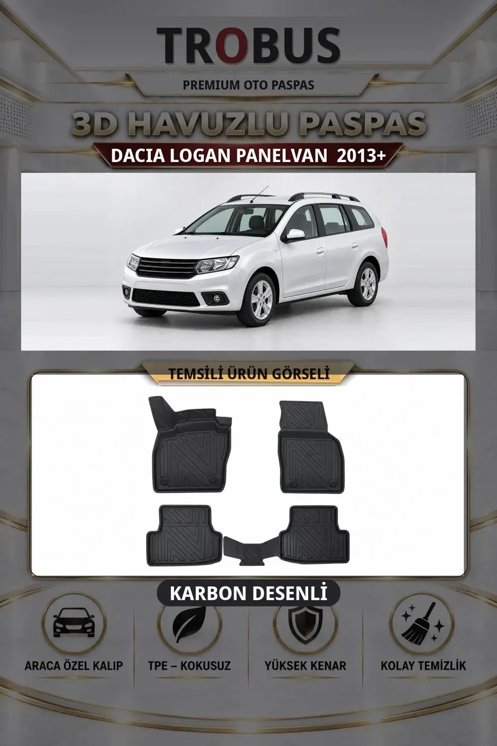Dacia Logan 2013+ Panelvan Karbon Desenli Premium 3D Havuzlu Oto Paspas