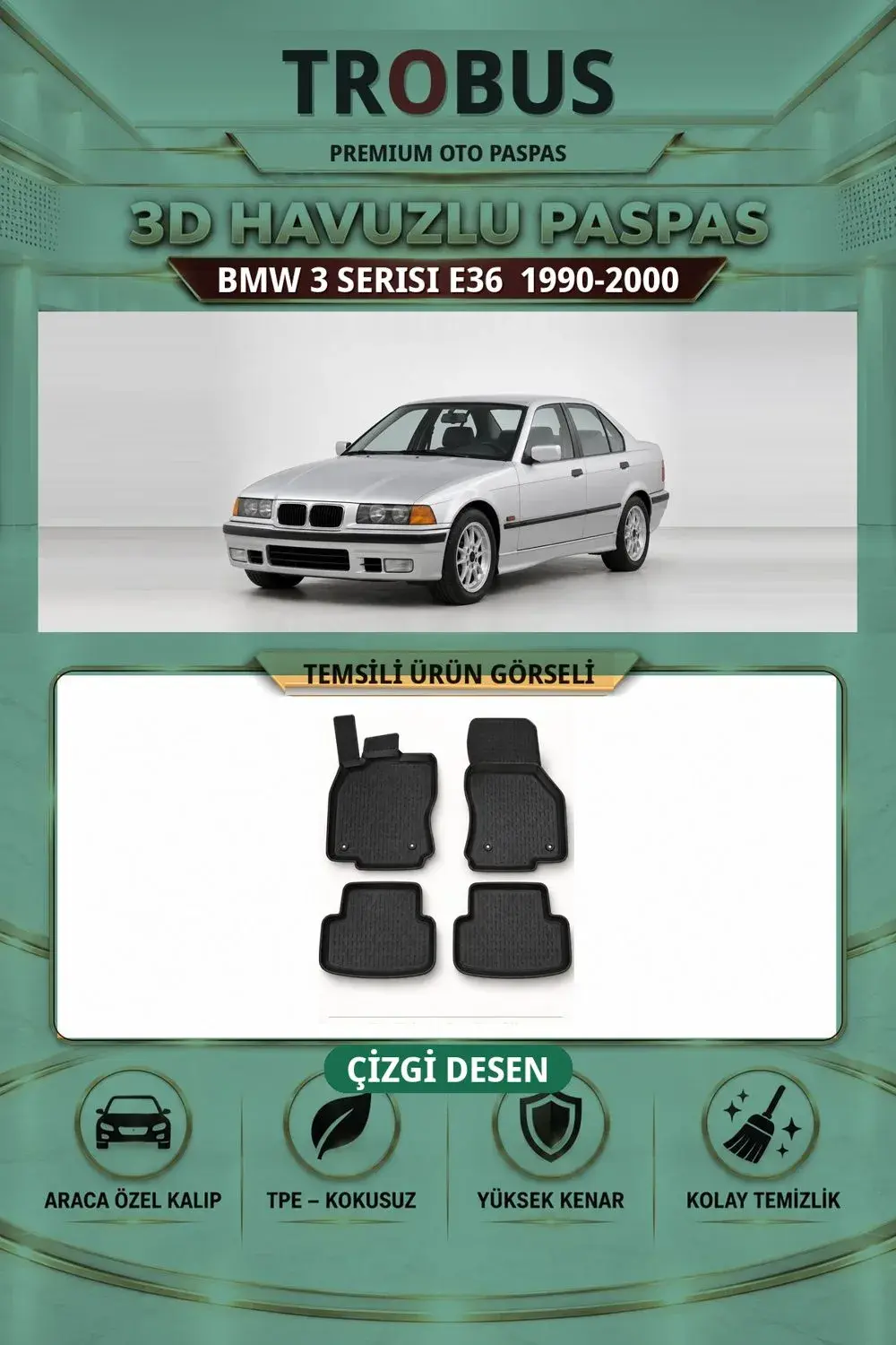 BMW 3 Serisi E36 1990-2000 Çizgi Desen 3D Havuzlu Paspas Takımı