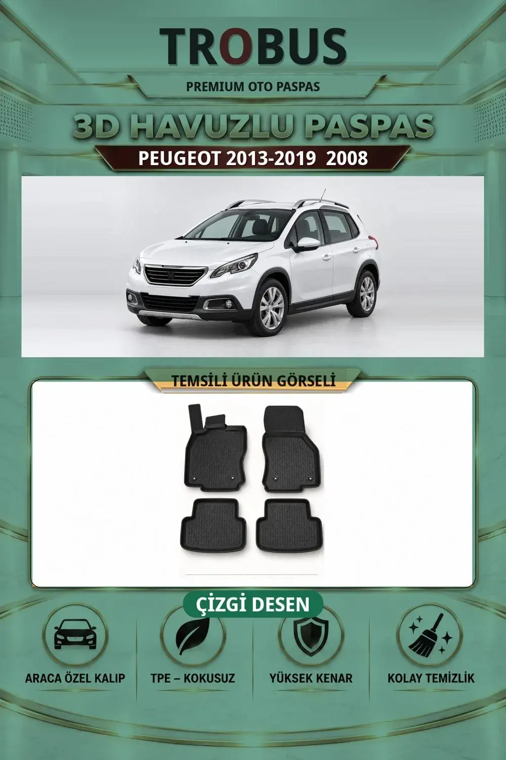 Peugeot 2008 2013-2019 Çizgi Desen 3D Havuzlu Paspas Takımı