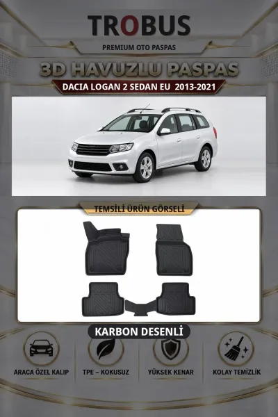 Dacia Logan 2 Sedan EU 2013-2021 Karbon Desenli Premium 3D Havuzlu Oto Paspas