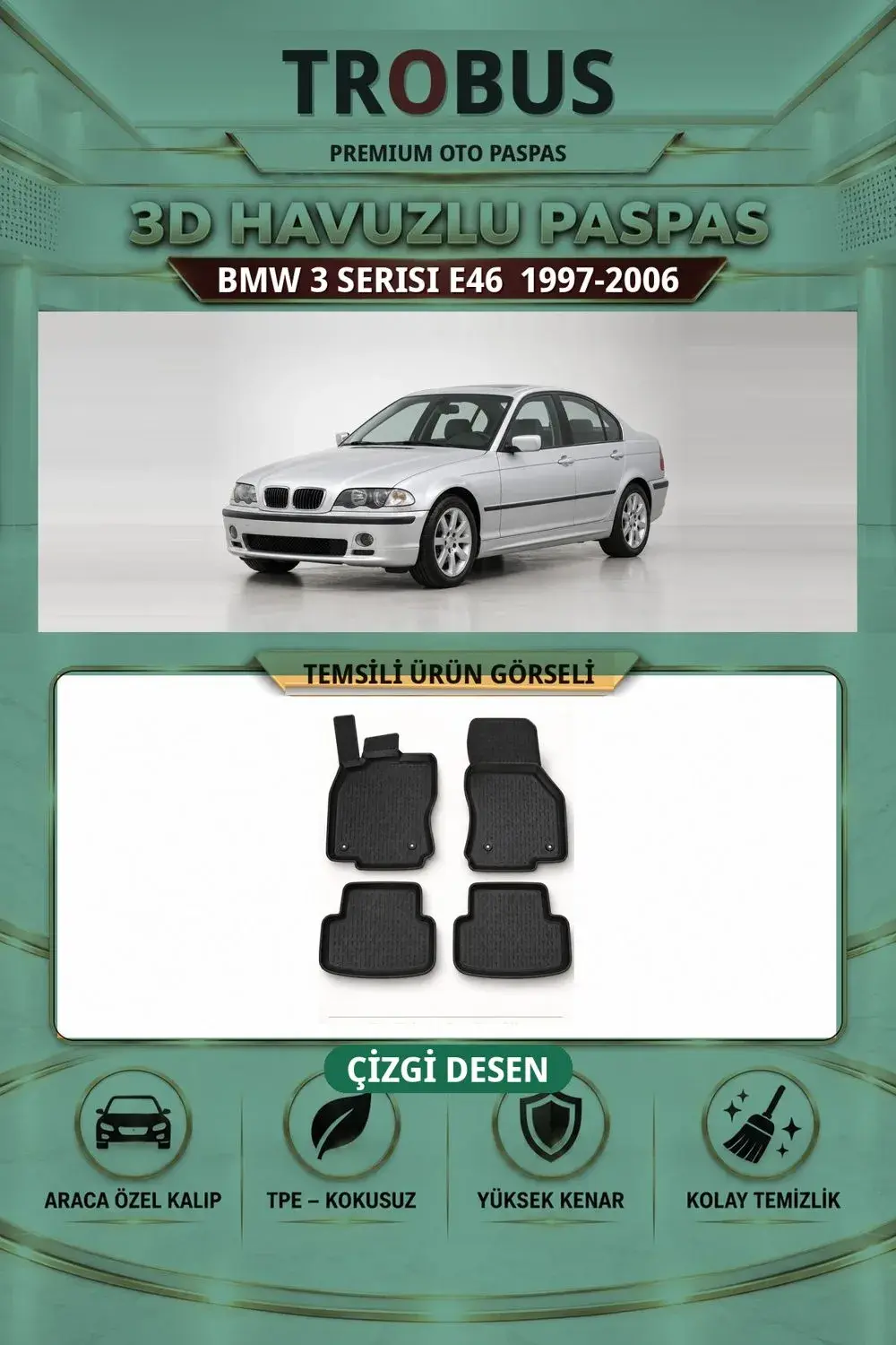 BMW 3 Serisi E46 1997-2006 Çizgi Desen 3D Havuzlu Paspas Takımı