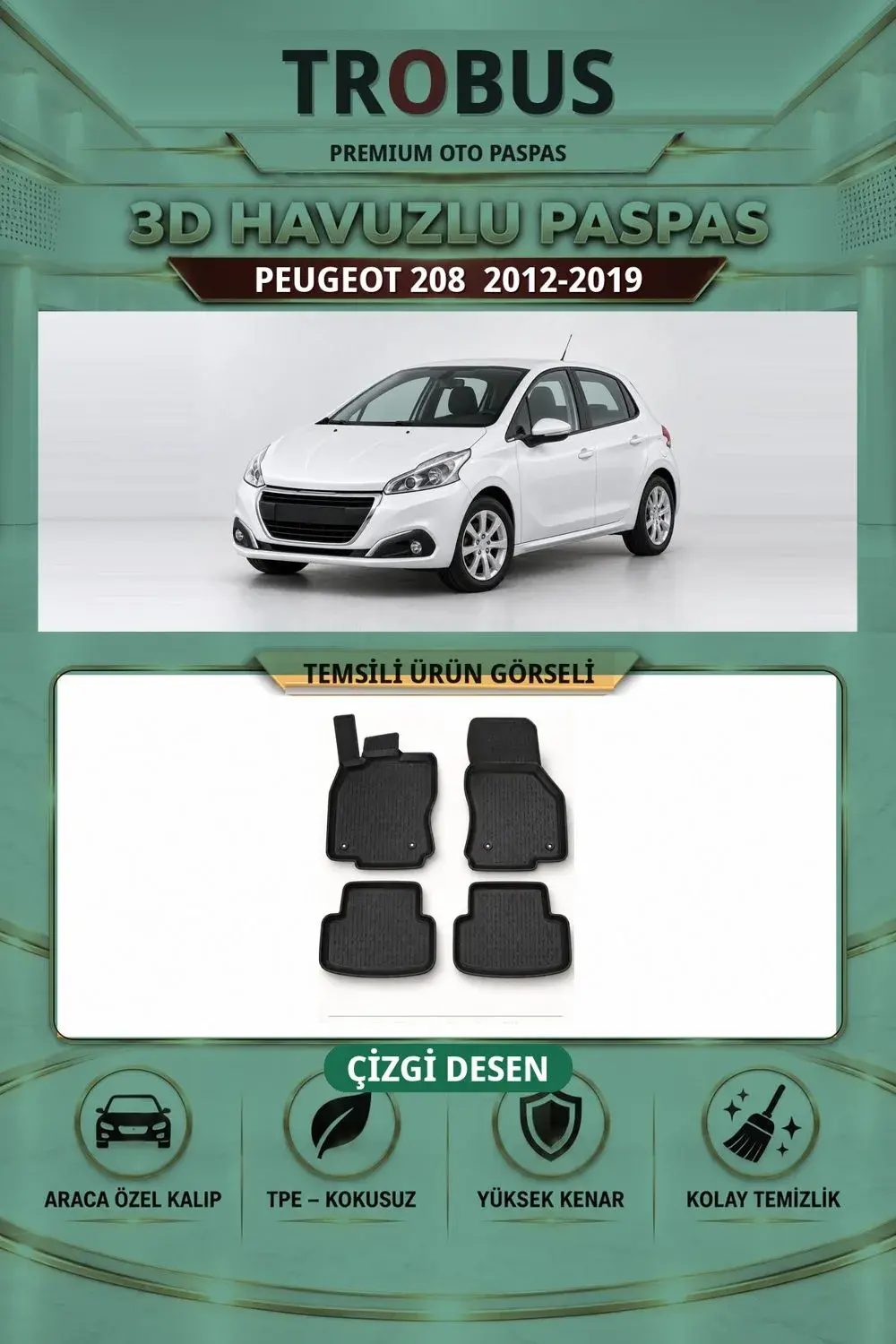 Peugeot 208 2012-2019 Çizgi Desen 3D Havuzlu Paspas Takımı