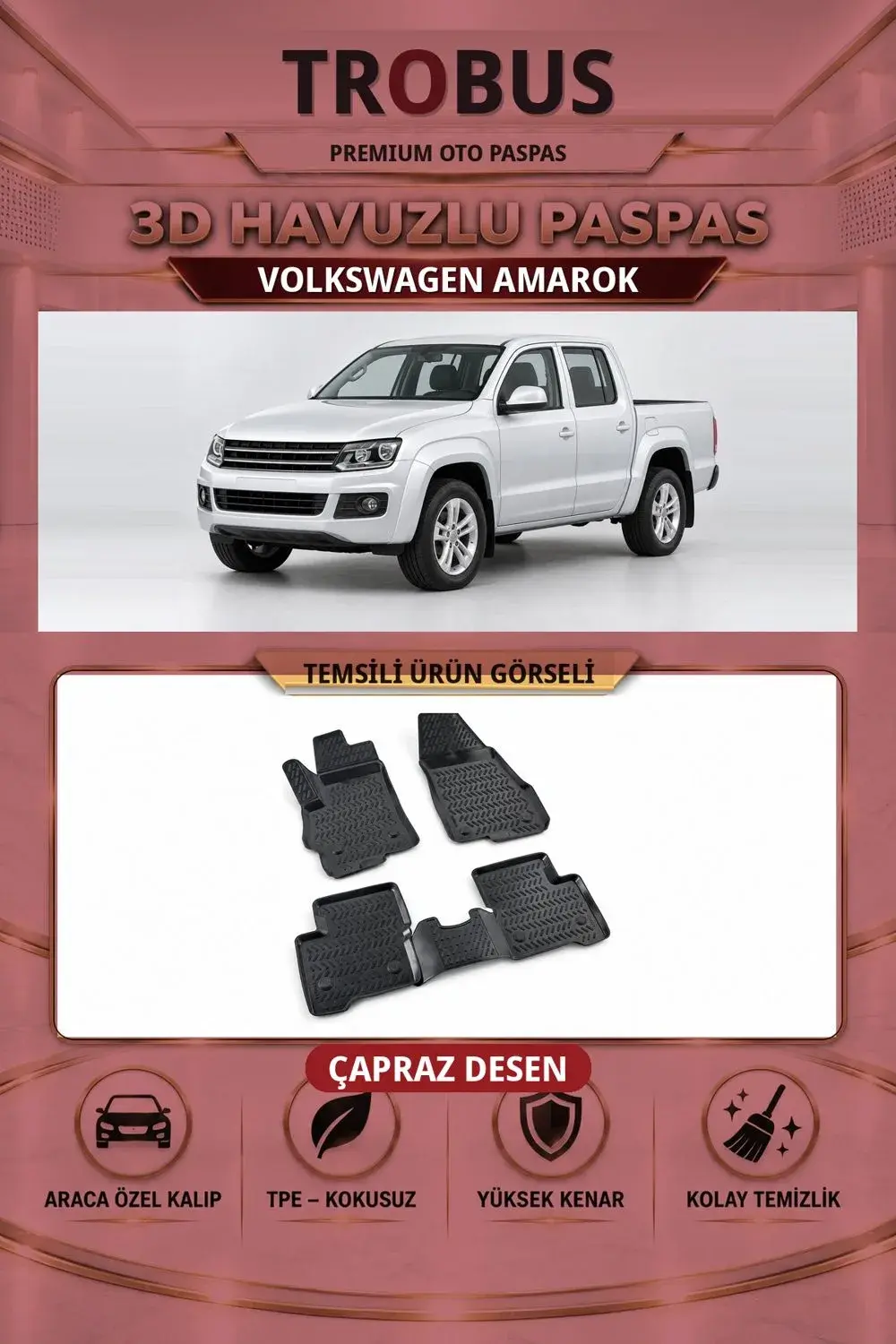 Volkswagen Amarok Çapraz Desen 3D Havuzlu Oto Paspas Seti