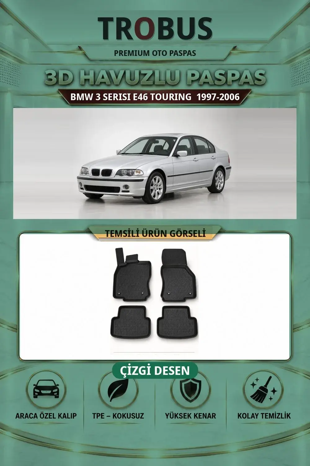 BMW 3 Serisi E46 Touring 1997-2006 Çizgi Desen 3D Havuzlu Paspas Takımı