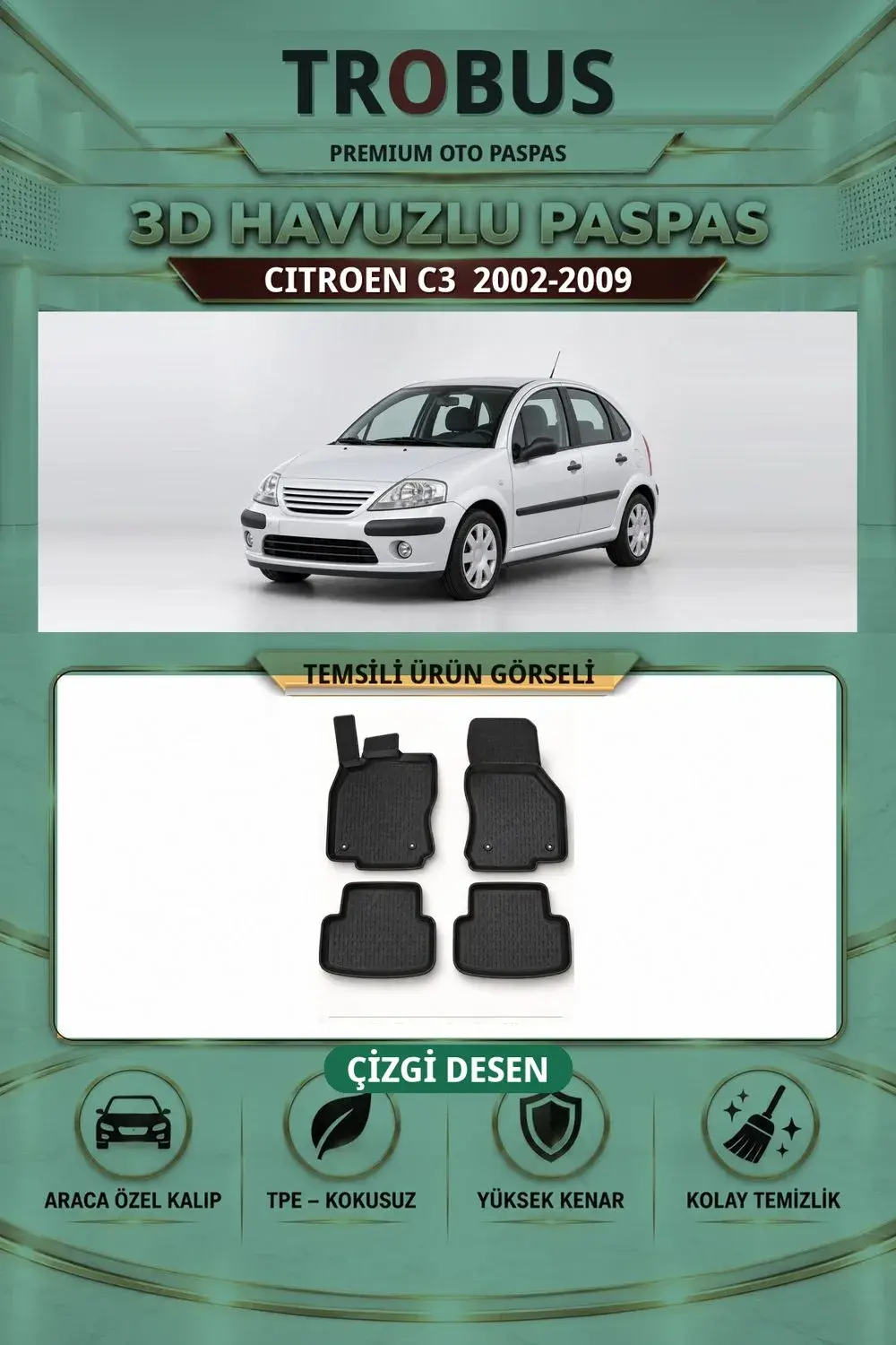 Citroen C3 2002-2009 Çizgi Desen 3D Havuzlu Paspas Takımı