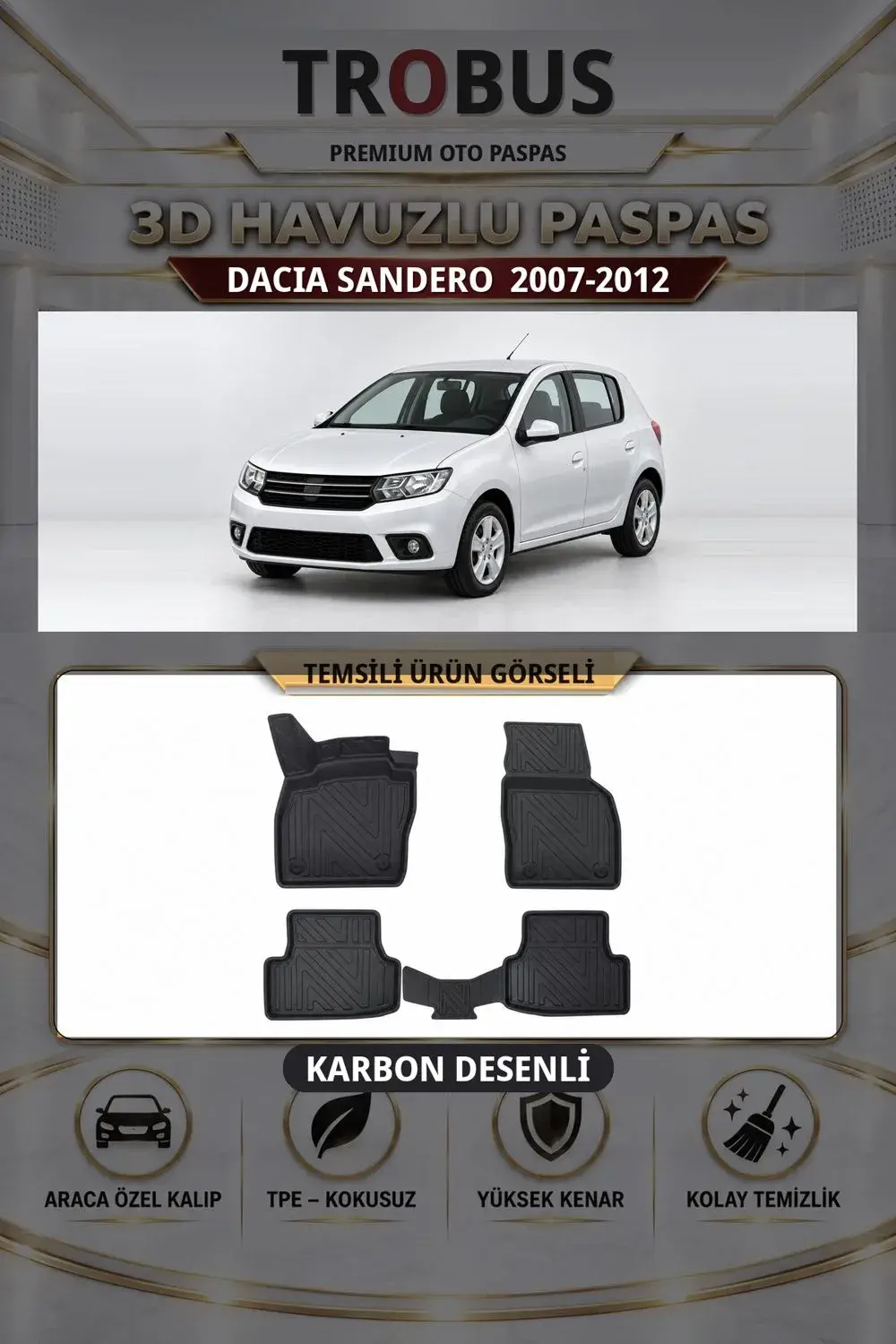 Dacia Sandero 2007-2012 Karbon Desenli Premium 3D Havuzlu Oto Paspas