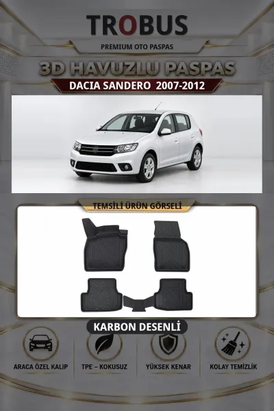 Dacia Sandero 2007-2012 Karbon Desenli Premium 3D Havuzlu Oto Paspas
