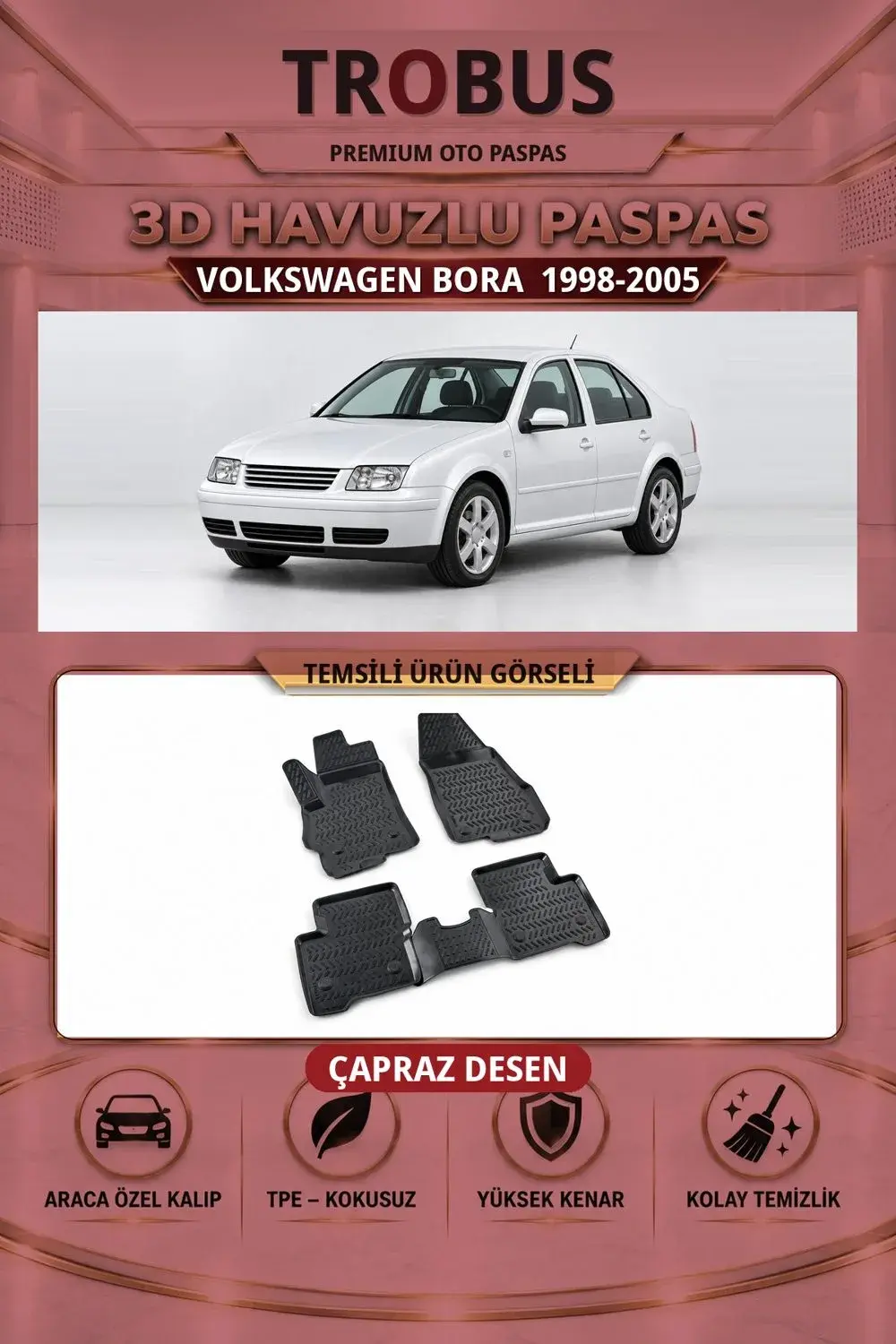 Volkswagen Bora 1998-2005 Çapraz Desen 3D Havuzlu Oto Paspas Seti