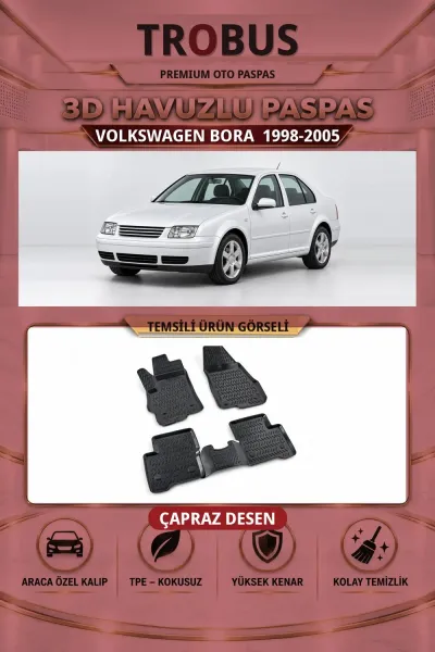 Volkswagen Bora 1998-2005 Çapraz Desen 3D Havuzlu Oto Paspas Seti