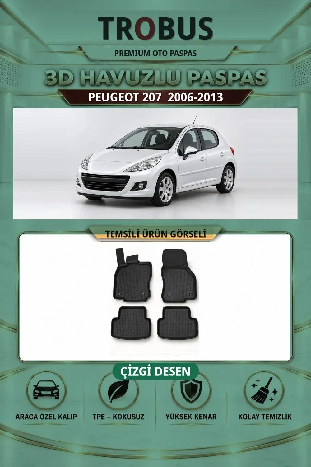 Peugeot 207 2006-2013 Çizgi Desen 3D Havuzlu Paspas Takımı