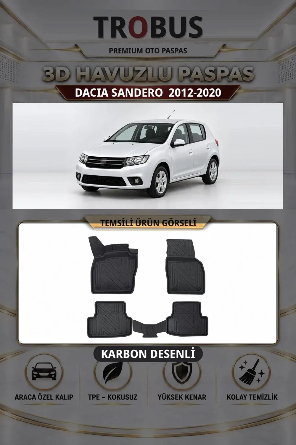 Dacia Sandero 2012-2020 Karbon Desenli Premium 3D Havuzlu Oto Paspas