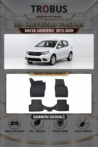 Dacia Sandero 2012-2020 Karbon Desenli Premium 3D Havuzlu Oto Paspas