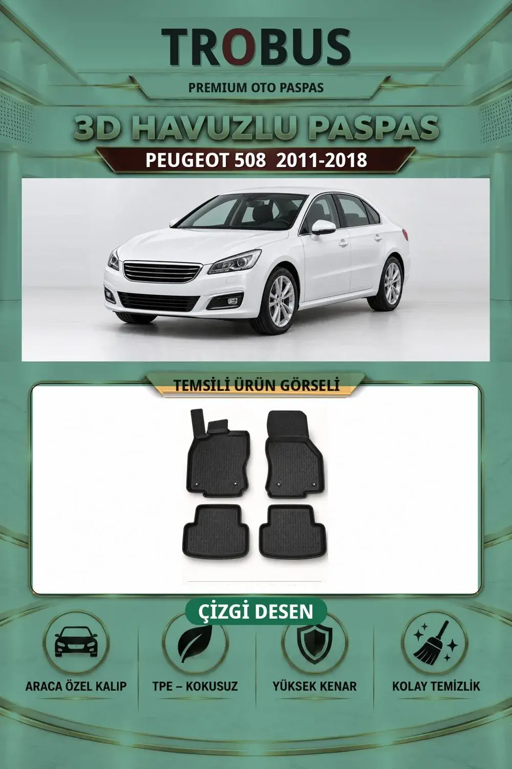 Peugeot 508 2011-2018 Çizgi Desen 3D Havuzlu Paspas Takımı