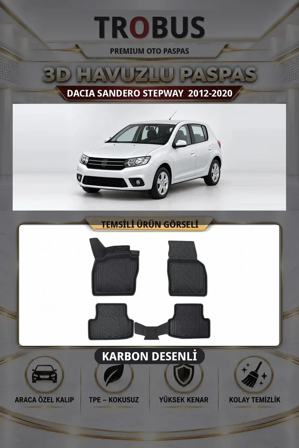Dacia Sandero Stepway 2012-2020 Karbon Desenli Premium 3D Havuzlu Oto Paspas