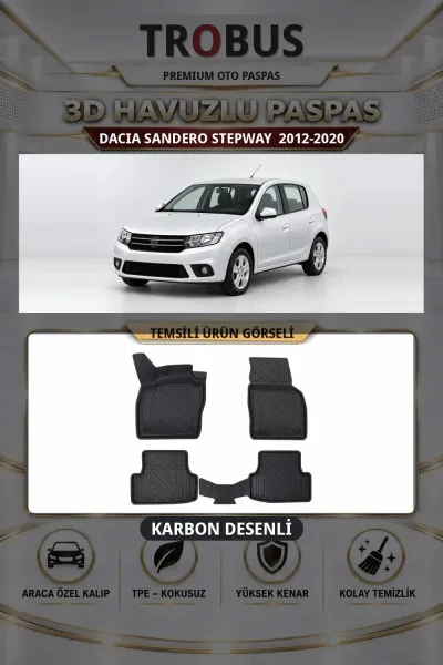 Dacia Sandero Stepway 2012-2020 Karbon Desenli Premium 3D Havuzlu Oto Paspas