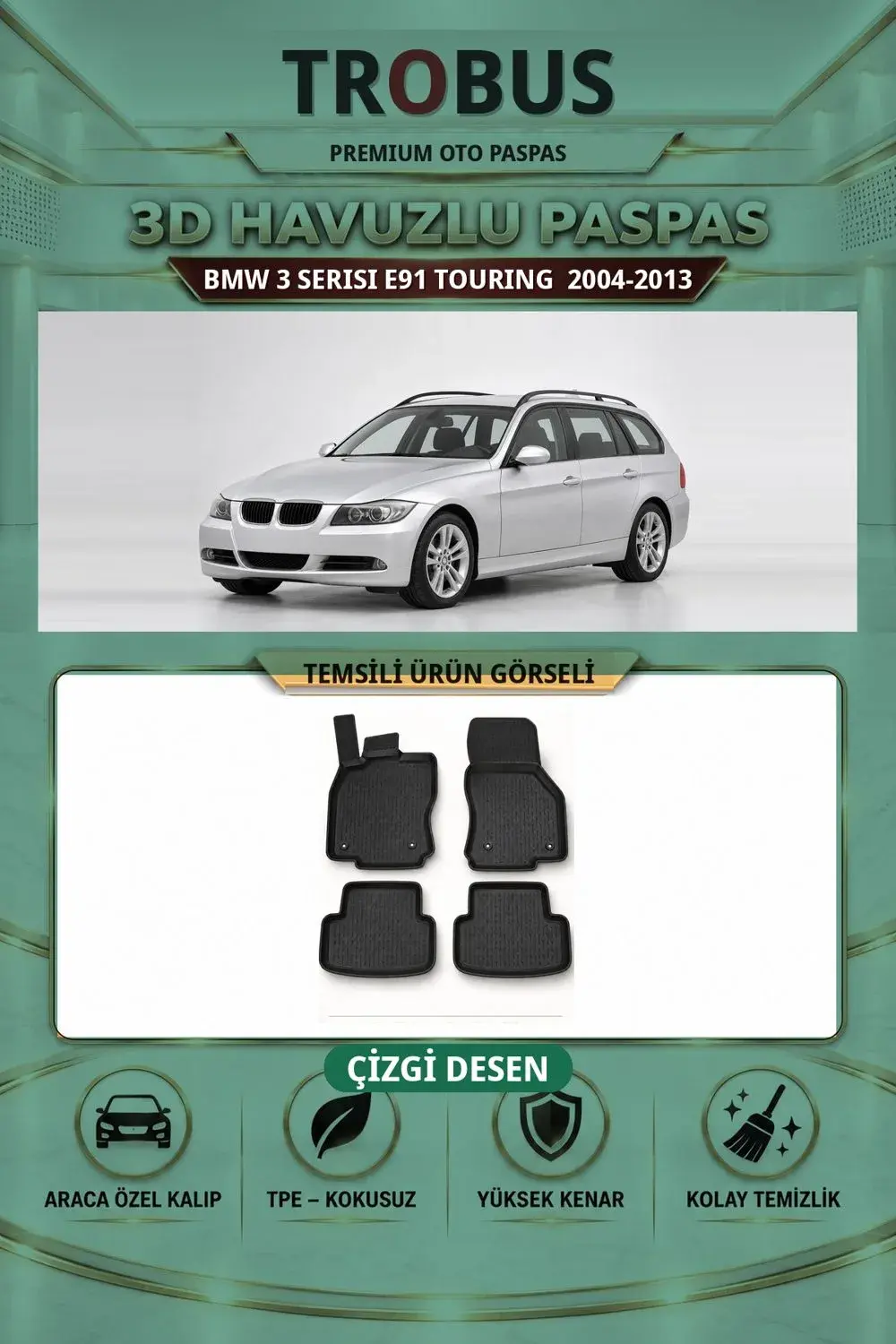 BMW 3 Serisi E91 Touring 2004-2013 Çizgi Desen 3D Havuzlu Paspas Takımı