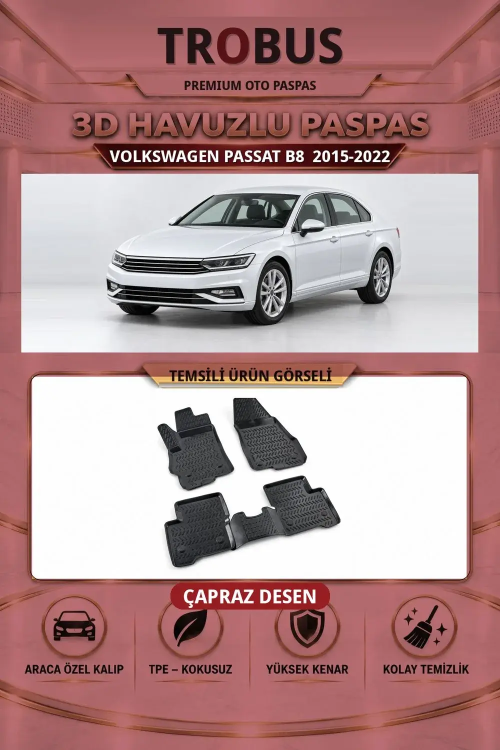 Volkswagen Passat B8 2015-2022 Çapraz Desen 3D Havuzlu Oto Paspas Seti