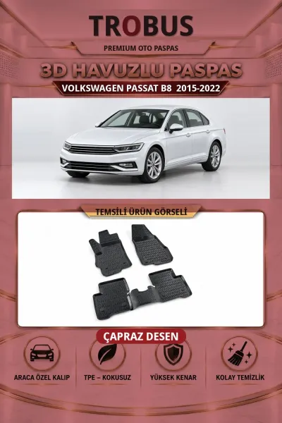 Volkswagen Passat B8 2015-2022 Çapraz Desen 3D Havuzlu Oto Paspas Seti
