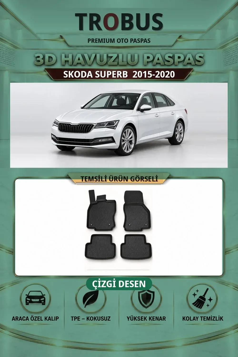 Skoda Superb 2015-2020 Çizgi Desen 3D Havuzlu Paspas Takımı