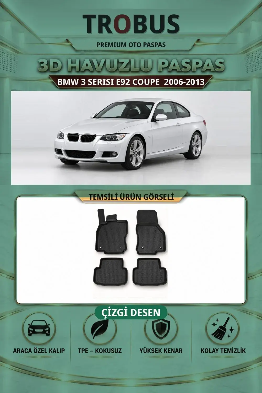 BMW 3 Serisi E92 Coupe 2006-2013 Çizgi Desen 3D Havuzlu Paspas Takımı
