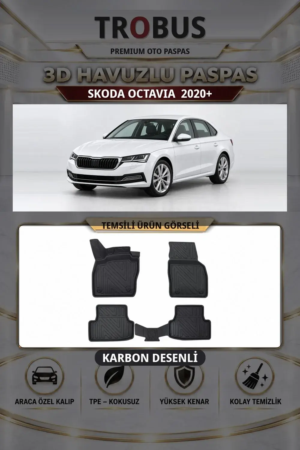 Skoda Octavia 2020+ Karbon Desenli Premium 3D Havuzlu Oto Paspas