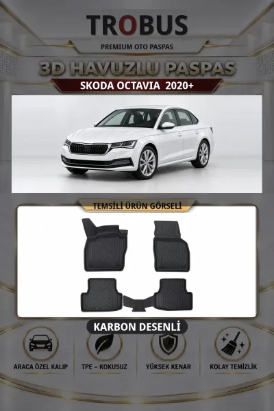 Skoda Octavia 2020+ Karbon Desenli Premium 3D Havuzlu Oto Paspas