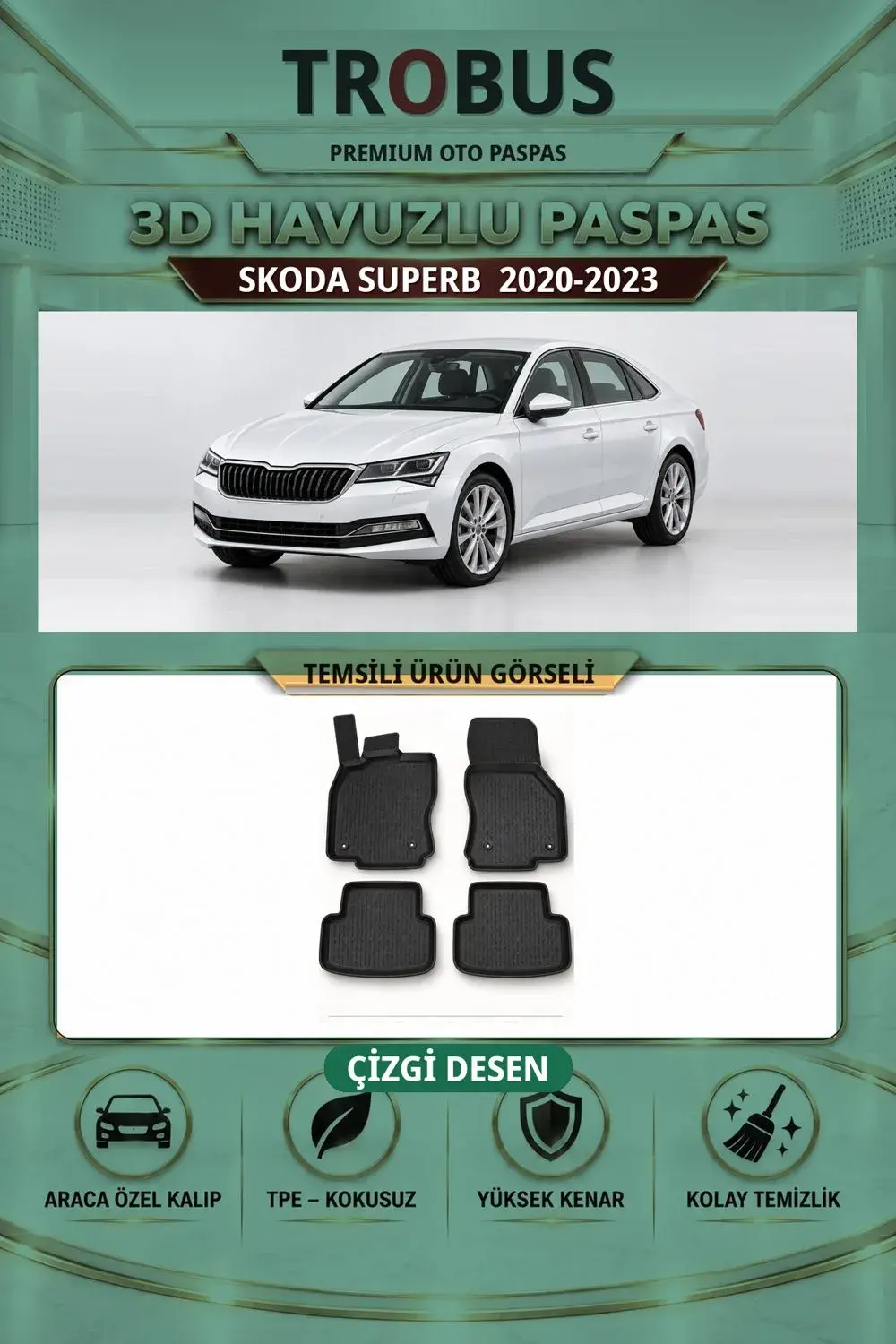 Skoda Superb 2020-2023 Çizgi Desen 3D Havuzlu Paspas Takımı