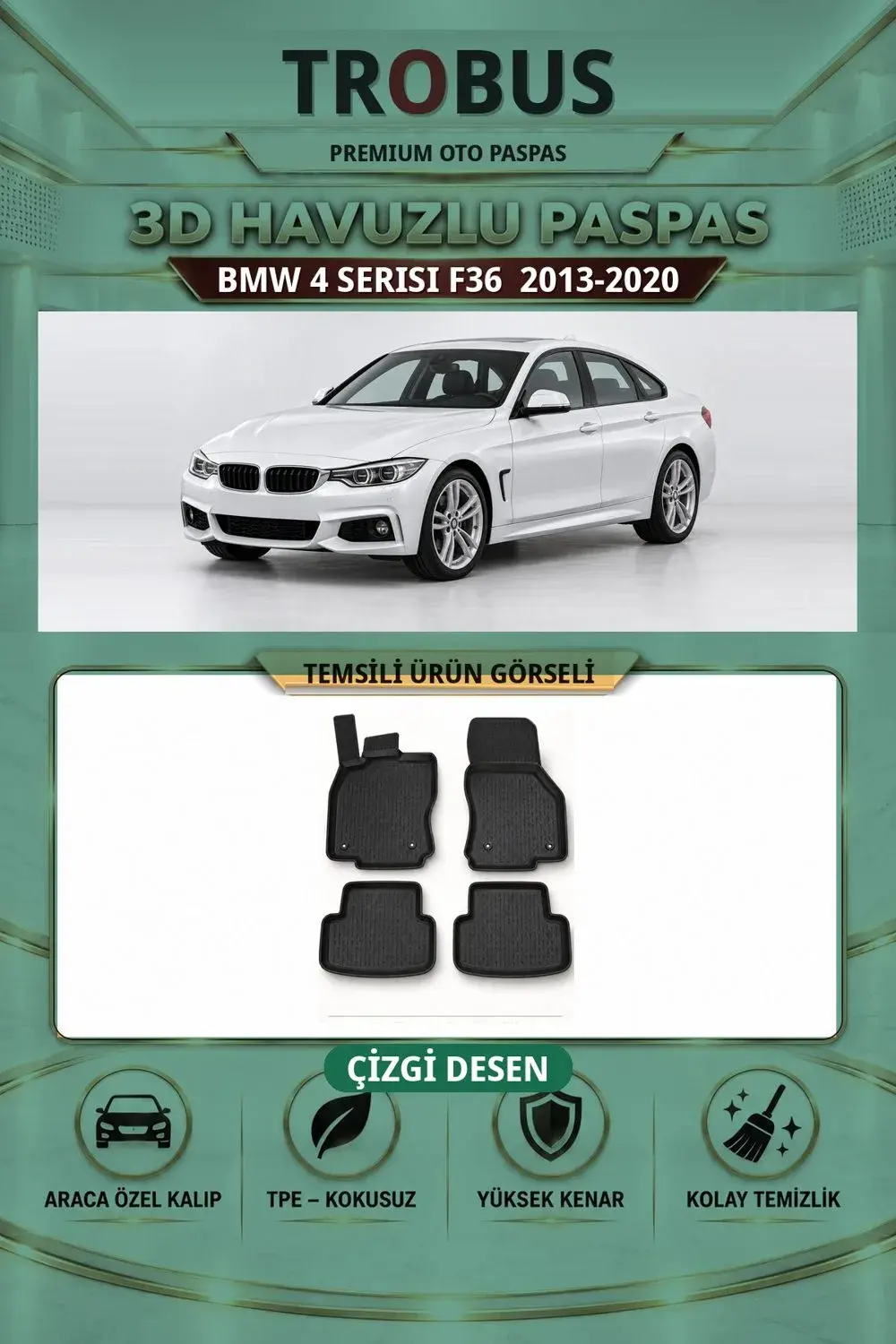 BMW 4 Serisi F36 2013-2020 Çizgi Desen 3D Havuzlu Paspas Takımı
