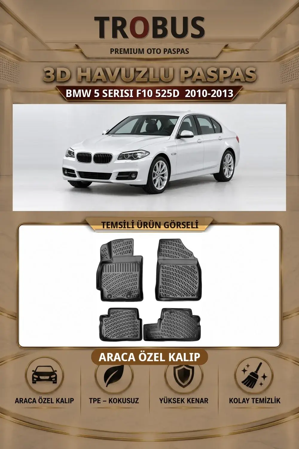 BMW 5 Serisi F10 2010-2013 525d Araca Özel 3D Havuzlu Paspas Siyah - Sahler