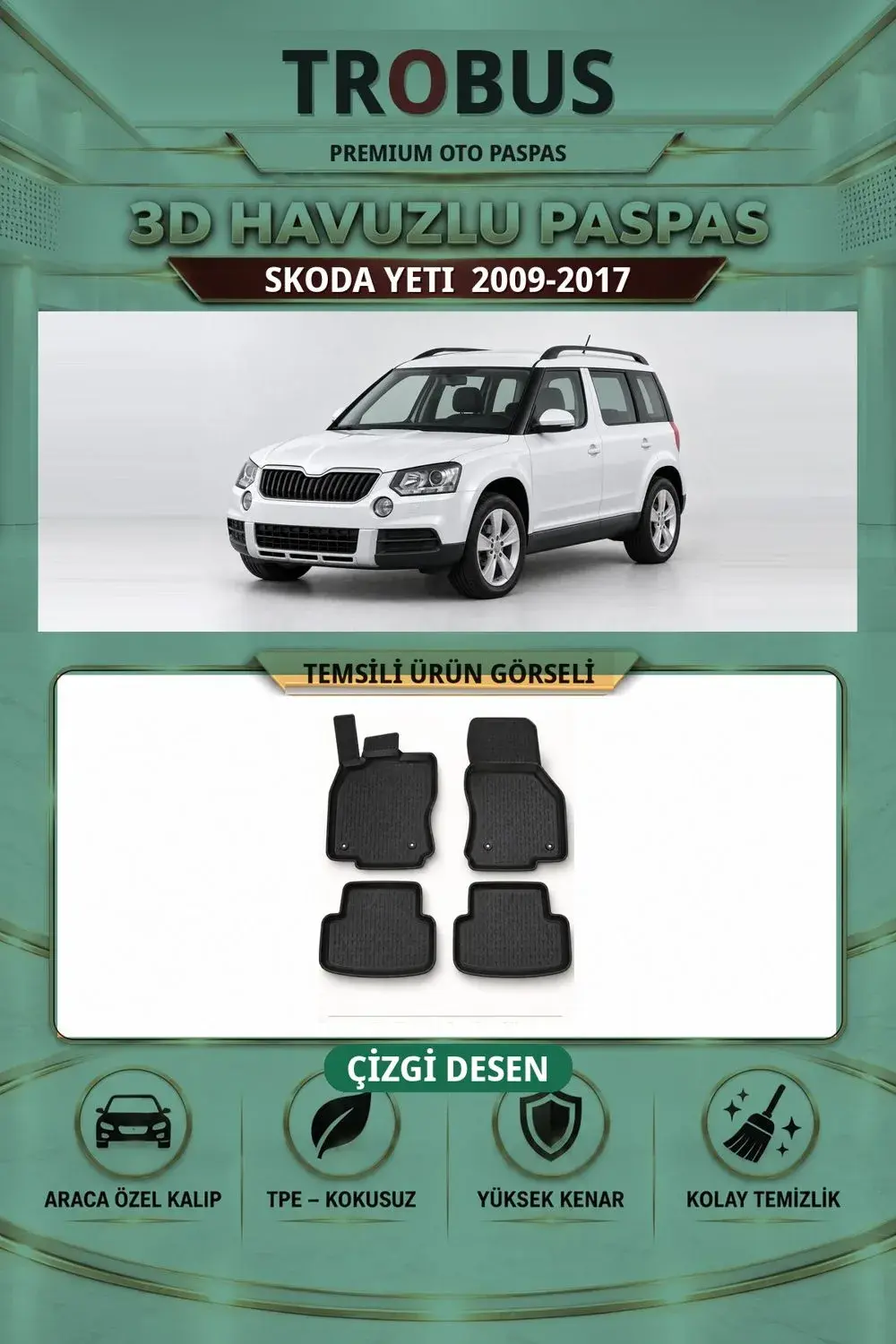 Skoda Yeti 2009-2017 Çizgi Desen 3D Havuzlu Paspas Takımı