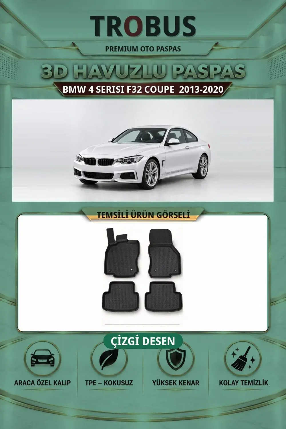 BMW 4 Serisi F32 Coupe 2013-2020 Çizgi Desen 3D Havuzlu Paspas Takımı