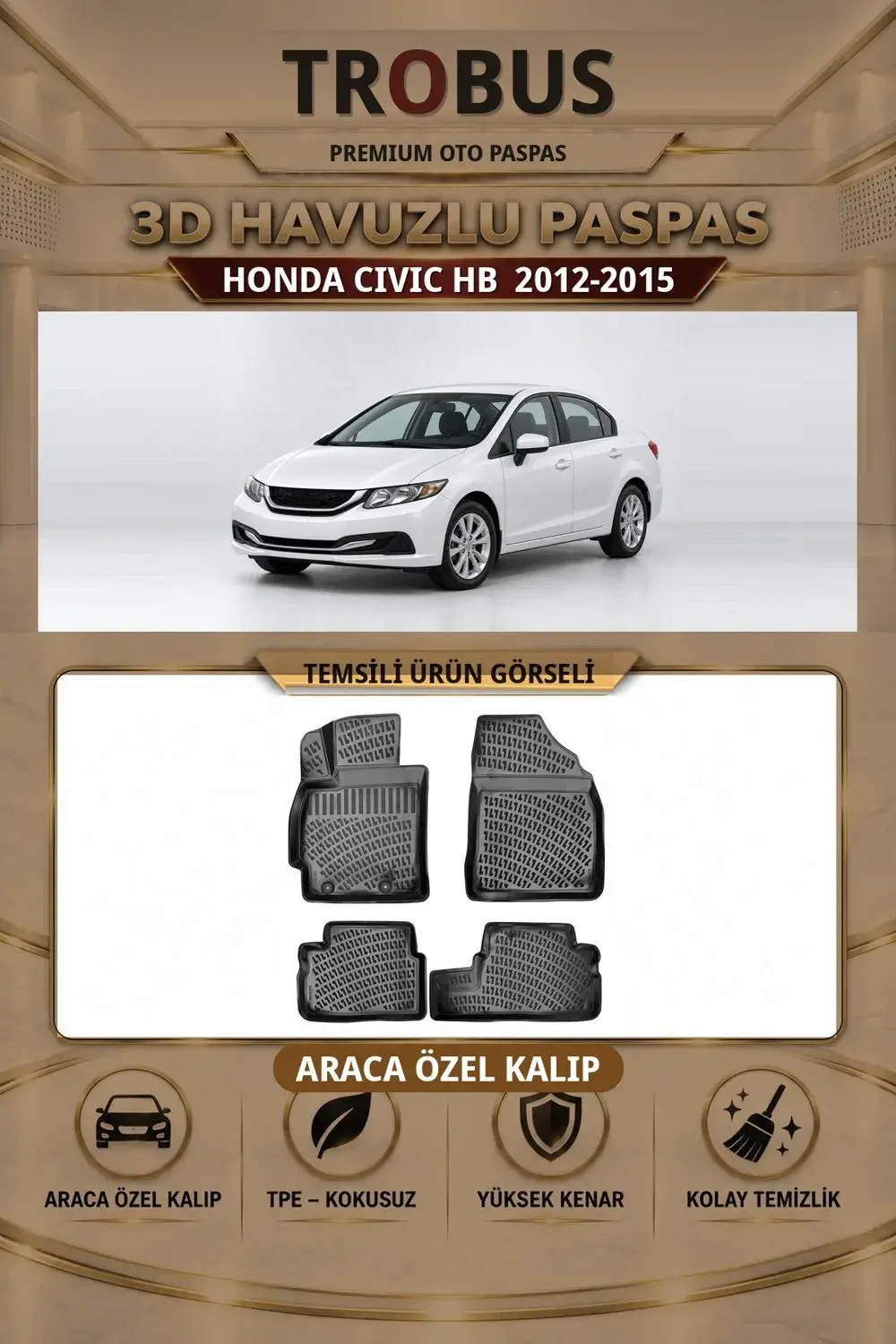 Honda Civic HB 2012-2015 Araca Özel 3D Havuzlu Paspas Siyah - Sahler