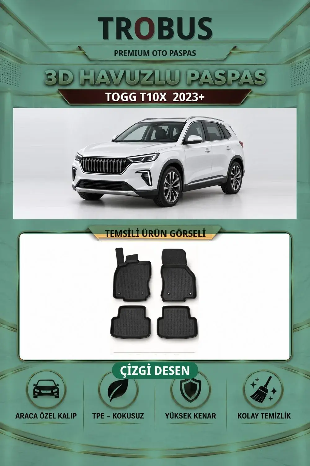 Togg T10X 2023+ Çizgi Desen 3D Havuzlu Paspas Takımı