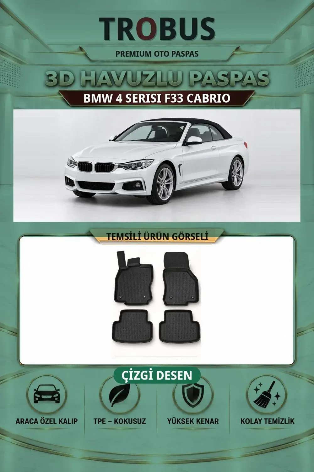 BMW 4 Serisi F33 Cabrio Çizgi Desen 3D Havuzlu Paspas Takımı