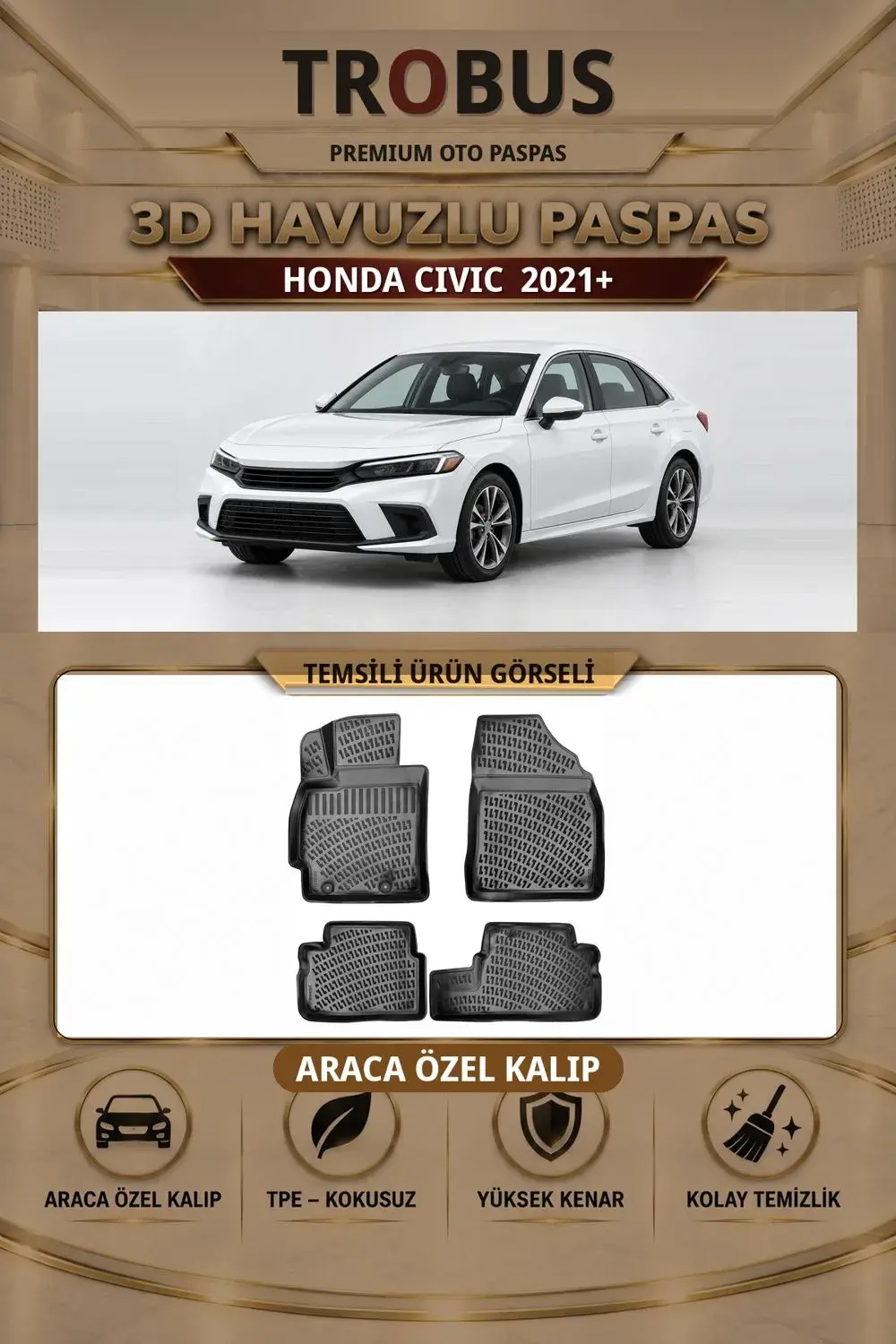 Honda Civic 2021+ Araca Özel 3D Havuzlu Paspas Siyah - Sahler