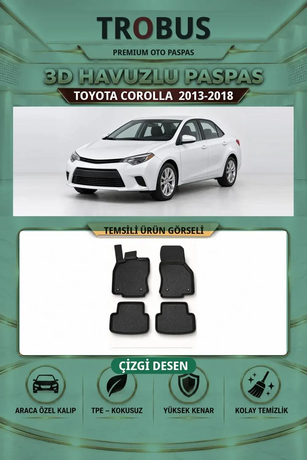 Toyota Corolla 2013-2018 Çizgi Desen 3D Havuzlu Paspas Takımı