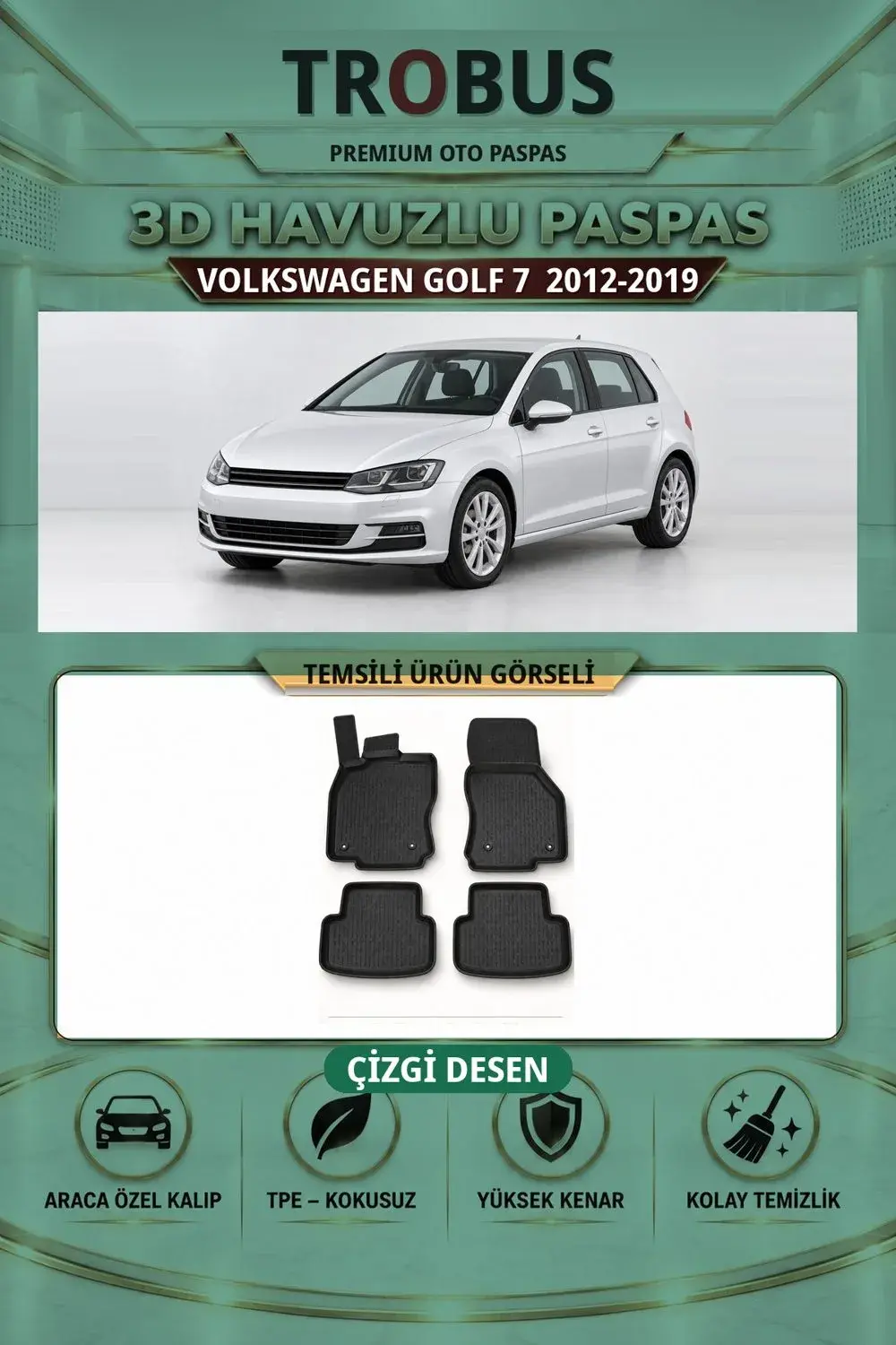 Volkswagen Golf 7 2012-2019 Çizgi Desen 3D Havuzlu Paspas Takımı