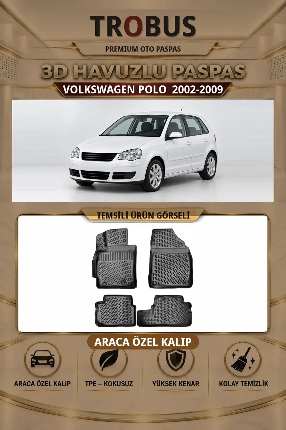 Volkswagen Polo 2002-2009 Araca Özel 3D Havuzlu Paspas Siyah - Sahler