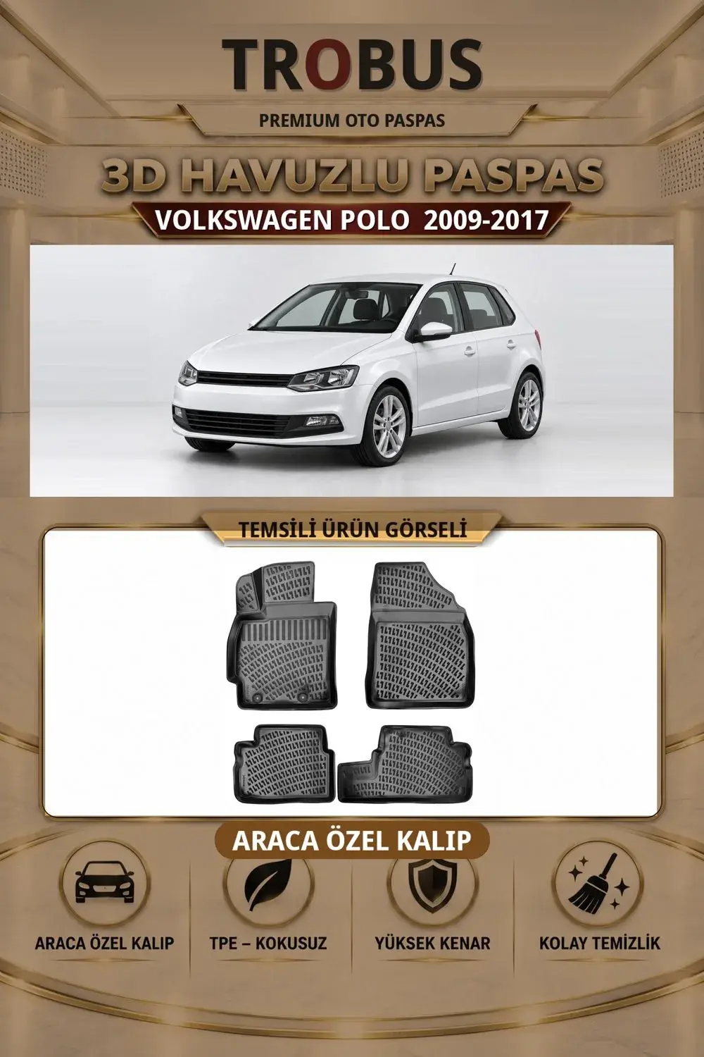 Volkswagen Polo 2009-2017 Araca Özel 3D Havuzlu Paspas Siyah - Sahler